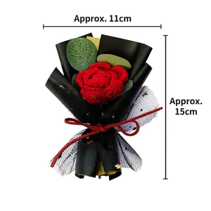 Handmade knitted red rose bouquet with mesh wrapping and ribbon, size 15cm height