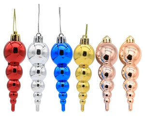Close-up of six colorful electroplated droplet Christmas ornaments with shiny hanging strings