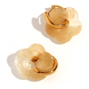Boucles d'oreilles créoles en acier plaqué or 18K avec fleurs en résine jaune clair