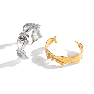 Adjustable open bangles with fish relief design in polished 18K gold and silver finish