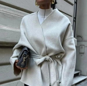 Veste Courte En Laine Pour Femmes Avec Ceinture Revers Couleur Unie Décontracté Élégant Manteau Style Français Blanc Crème