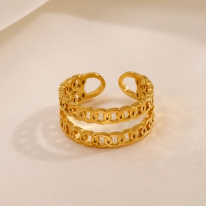 Golden double-layer chain link open ring made of polished stainless steel for women