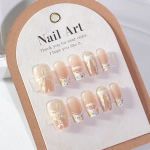 Short ballet 3D bowknot press-on nails with cat eye finish and floral lace patterns