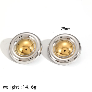 Two-tone silver and gold stainless steel round earrings showing 29mm diameter size detail