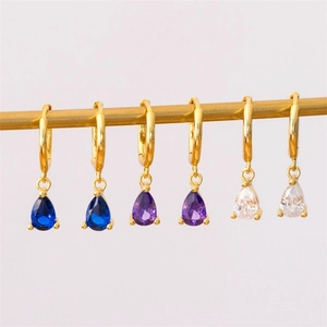 French vintage 14K gold plated teardrop zircon earrings in blue purple and white