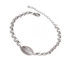 Silver shell charm bracelet with cubic zirconia on a stainless steel rolo chain