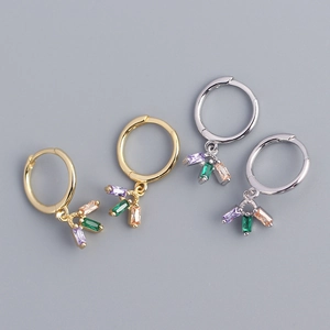 French Luxury 925 Sterling Silver Hoop Earrings With Rectangular Colorful Cubic Zirconia Dangle Charms For Women