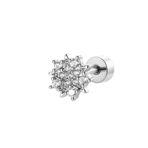 Silver snowflake ear stud with clear zircon stones and a flat screw back design