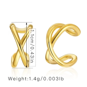 Detail view of 18K gold plated minimalist criss-cross ear cuff showing 1.1cm height and 1.4g weight