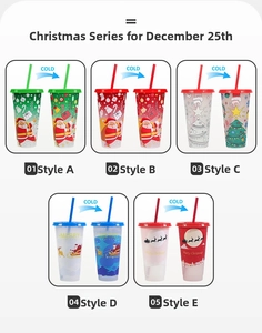Detail of five Christmas themed color changing cold cups with festive patterns