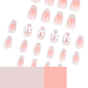 Pink gradient ballet press-on nails with 3D white bowknot and rhinestone accents