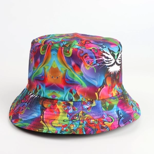 Detailed close-up of tiger head print on vibrant tie-dye reversible bucket hat
