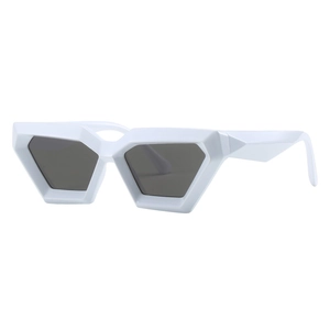 Modern white irregular geometric sunglasses with grey lenses in a 45-degree side view