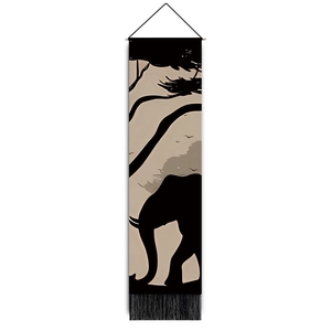 Detail view of elephant silhouette wall tapestry with black decorative bottom tassels