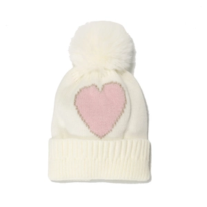 Berretto bianco in maglia per bambine con motivo a cuore rosa e pompon soffice
