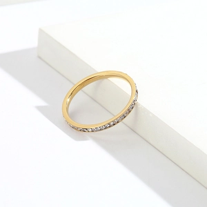 Vue détaillée d'une bague éternité en acier titane doré de 2mm sertie de zircons.