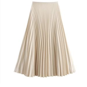 Elegant high waist pleated midi skirt in creamy beige with smooth draping fabric