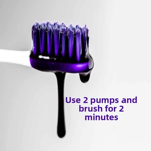 Macro shot of V34 purple gel toothpaste on a toothbrush with usage instructions