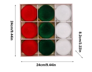 Lot de 9 boules de Noël velours rouge, vert et blanc de 8,2 cm avec boîte de 24 cm