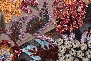 Macro view of sequin embroidery on mesh fabric with colorful floral patterns