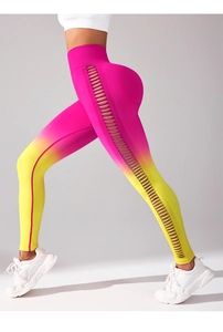 Detail of gradient yoga leggings with side hollow-out lace-up design and seamless fabric
