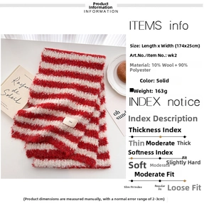 Detailed view of red and white striped wool knit scarf showing 174x25cm dimensions