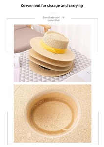 Close-up of foldable flat top straw hat with yellow ribbon detail and inner sweatband