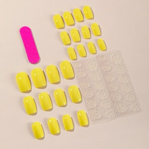 Set of 24 pieces bright yellow press-on nails with nail file and adhesive glue stickers