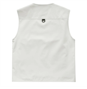 Rear view of light grey fishing vest featuring a durable metal D-ring for outdoor gear