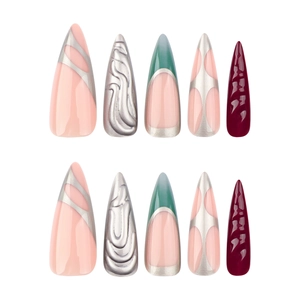 Faux ongles stiletto punk Y2K avec chrome argenté 3D et finition en poudre de perle