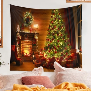 Detail of Christmas tree tapestry with fireplace and gift boxes in a cozy bedroom setting
