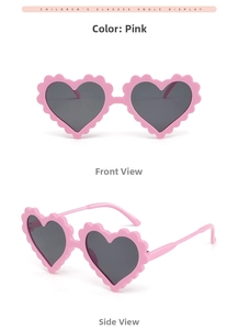 Detailed front and side view of pink heart-shaped sunglasses for kids with wavy frame