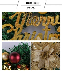 Detail of Christmas wreath with golden Merry Christmas sign and colorful ornaments