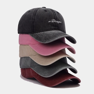 Vintage washed cotton baseball caps with Dragon embroidery in various colors