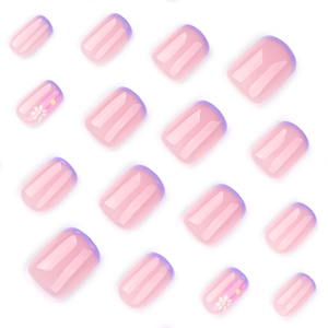 Short square French press-on nails with purple tips and white daisy floral patterns