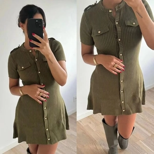 V Neck Short Sleeve Ribbed Knit Mini Dress With Golden Buttons And Pocket Flaps Solid Color Elegant Style Women