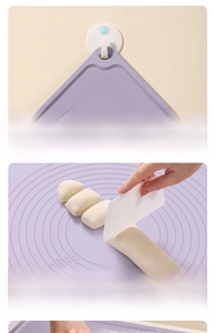 Detail of purple silicone baking mat with measurement scales and hanging hole design