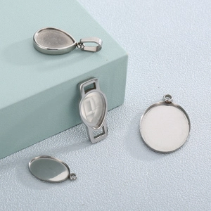 Polished stainless steel oval and drop shaped pendant base trays for DIY jewelry making
