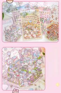 Detailed view of 3D miniature cartoon cat themed sticker sets with diverse scenery
