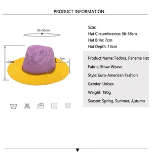 Two-tone paper straw fedora hat with purple crown and yellow brim for sun protection