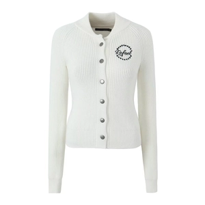 White ribbed knit cardigan with button closure and black chest logo embroidery