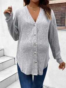 Gray ribbed knit maternity cardigan with V-neck and buttons for a comfortable casual fit