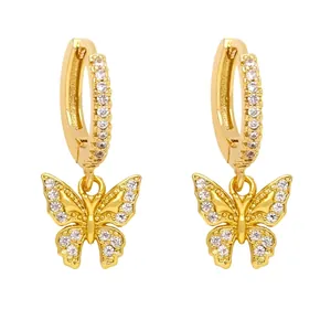 Elegant gold butterfly hoop earrings with sparkling zircon crystals for women