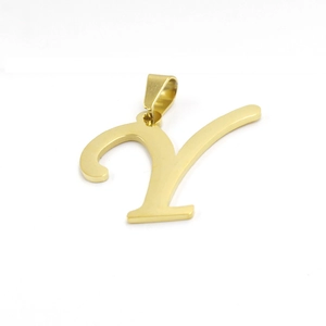 Detailed view of polished gold stainless steel letter Y pendant with bail on white background
