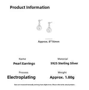 Detailed view of S925 sterling silver pearl earrings with 8x16mm size and 1.80g weight specs