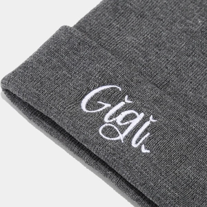Minimalist grey ribbed knit beanie with Gigi embroidery lettering for women