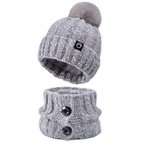 Grey winter knit beanie with pompom and matching buttoned neck warmer set for outdoor warmth