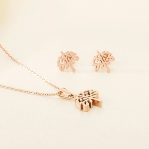 Rose gold stainless steel hollow Tree of Life necklace and stud earrings jewelry set