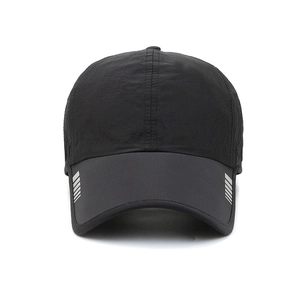 Lightweight breathable black baseball cap with silver reflective stripes for outdoor sports