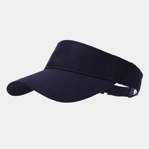 Detailed view of navy blue cotton sun visor with durable stitching and adjustable side buckle